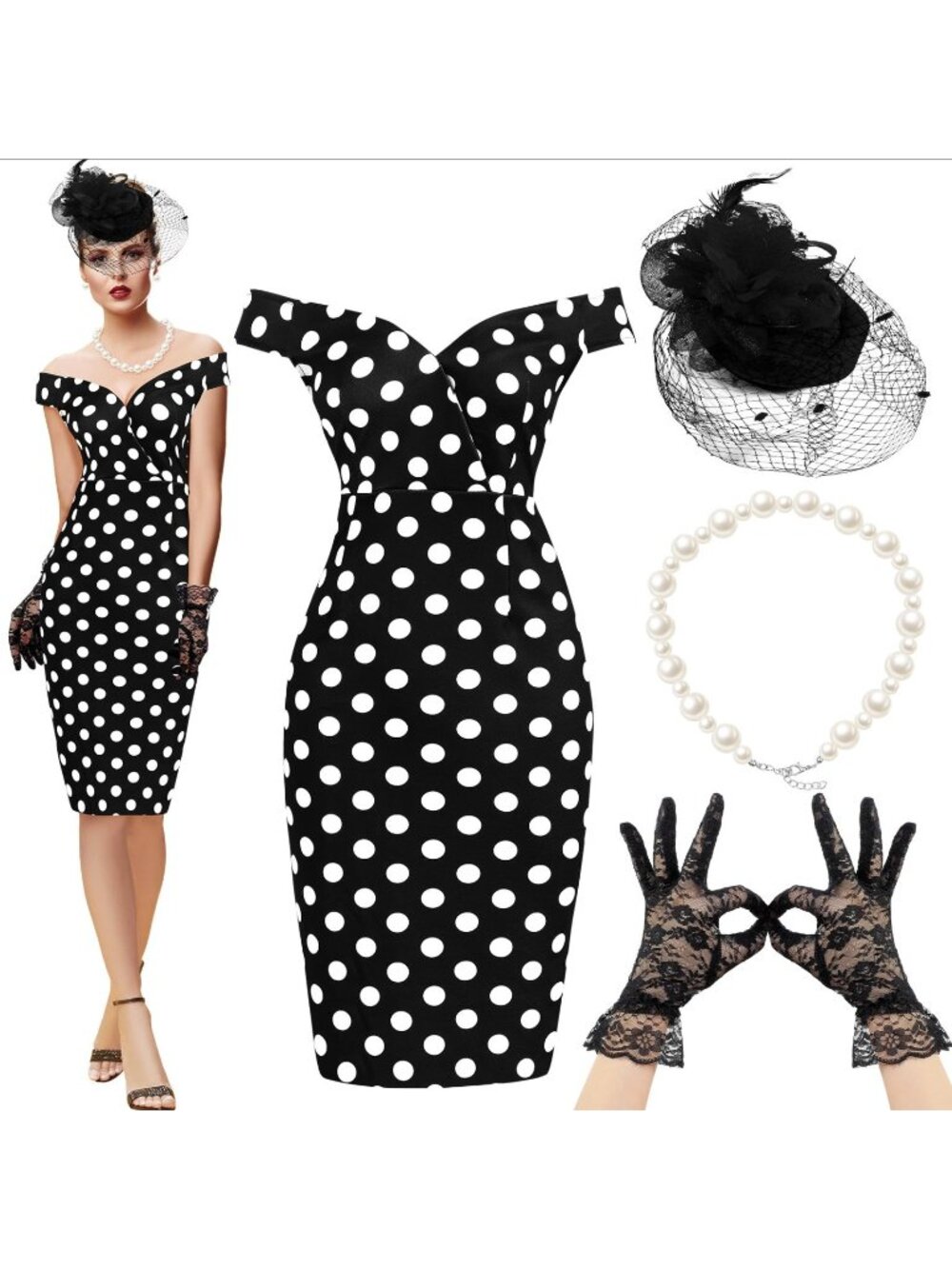 JenPen 50s Costume Polka Dot Dress Derby Tea Party Medium + Accessories NEW!